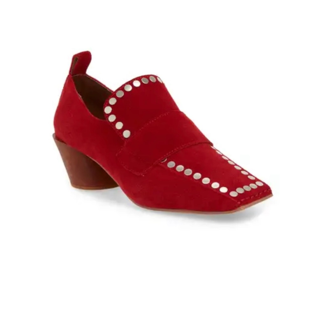 Red Studded Block Heel Loafers